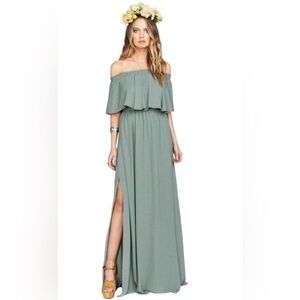 Show Me Your Mumu Hacienda off the shoulder maxi dress, silver sage crisp, small